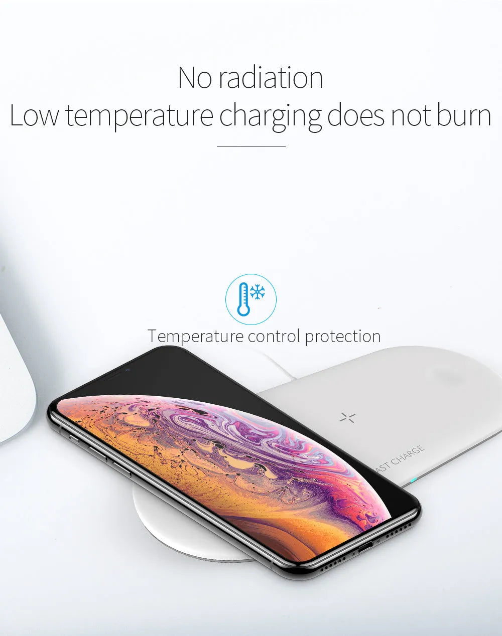 Three-in-one wireless charging station for mobile phone, Apple Watch, and headphones on desktop