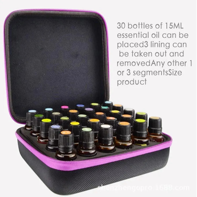 Red EVA cube-shaped essential oil storage bag holding 30 bottles, mounted on a wall.