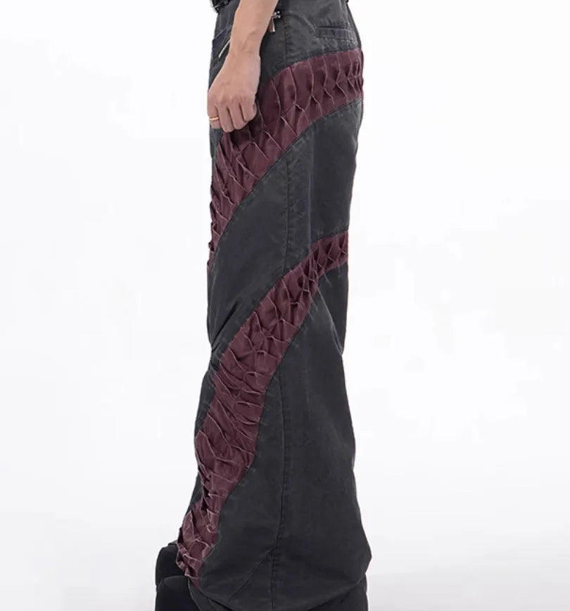 Retro grey three-dimensional keel casual sports pants on a model, showing straight hem and tight fit.