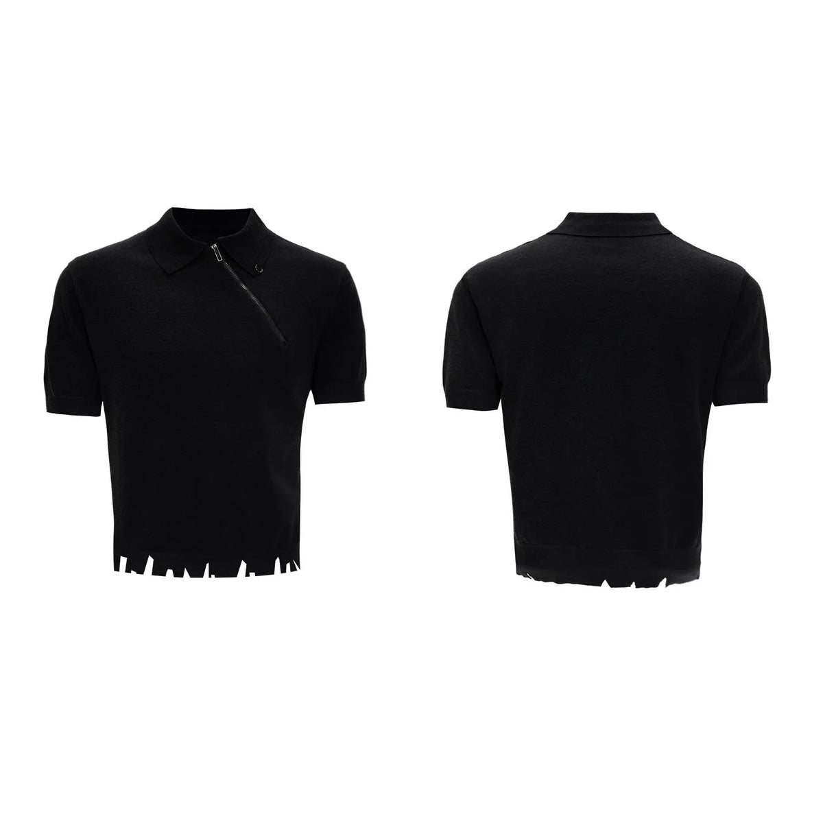 Men's slim fit knitted polo shirt with oblique zipper on lapel collar in black colour