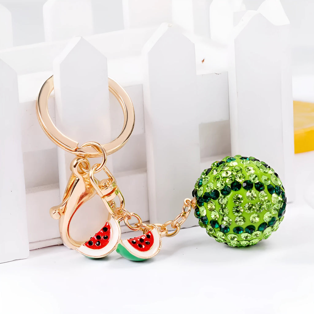 Green zinc alloy watermelon-shaped keychain measuring 12cm with metal keyring