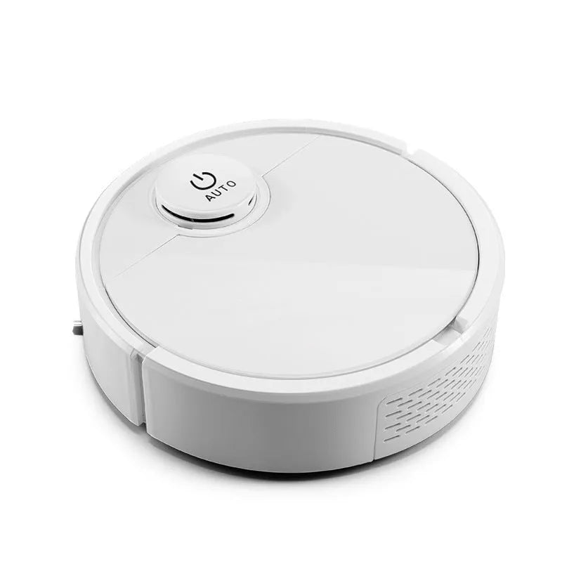 Compact white automatic sweeping robot on a wooden floor