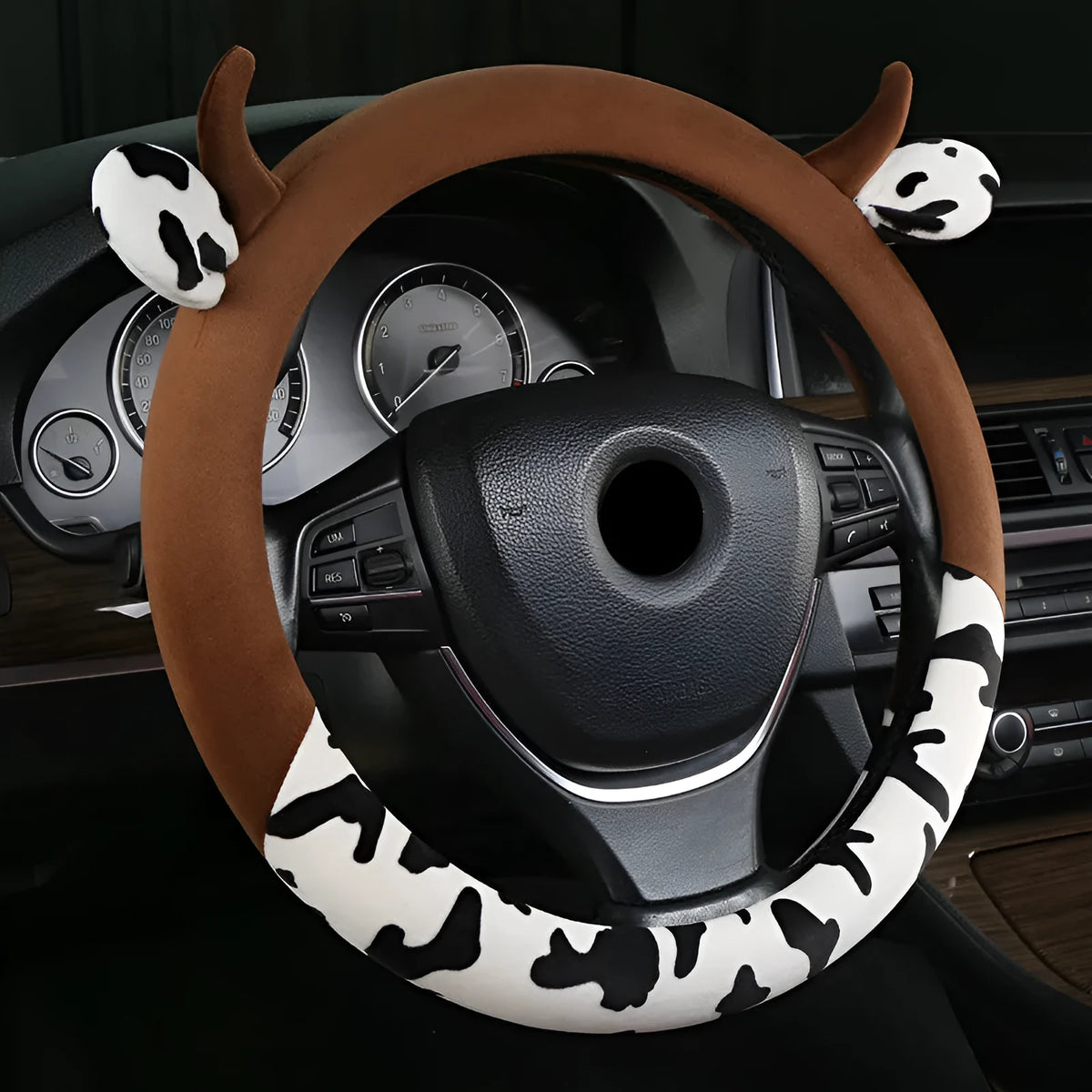 Black short plush car steering wheel cover with protective handle area on steering wheel