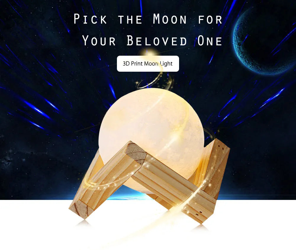 3D printed moon lamp on wooden stand showing touch ring and detailed lunar surface
