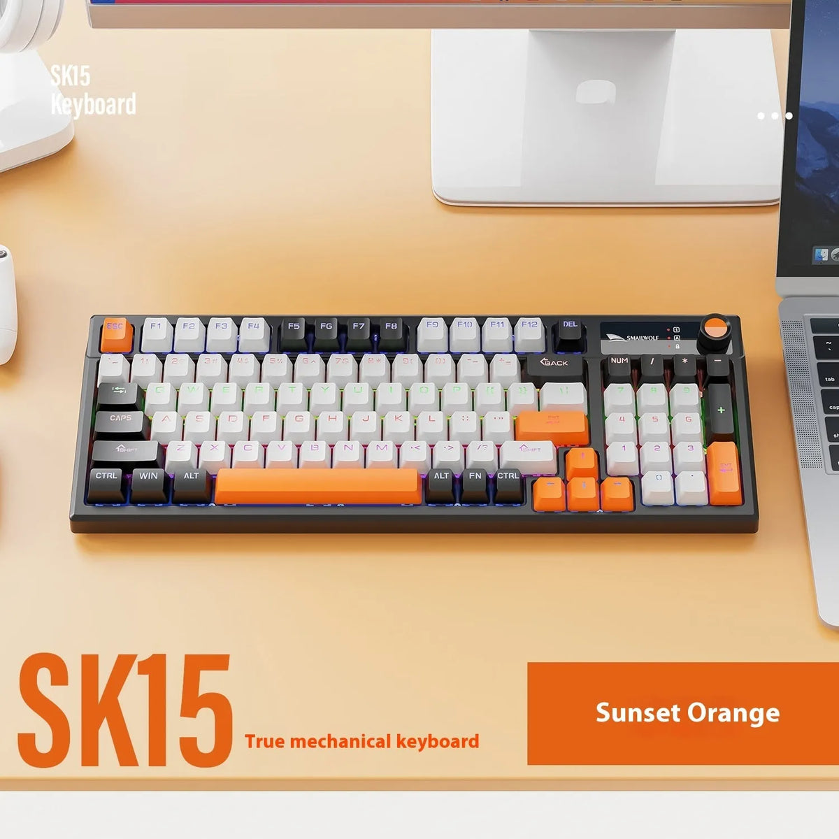 SK15 wired mechanical gaming keyboard with control knob in autumn water blue colour