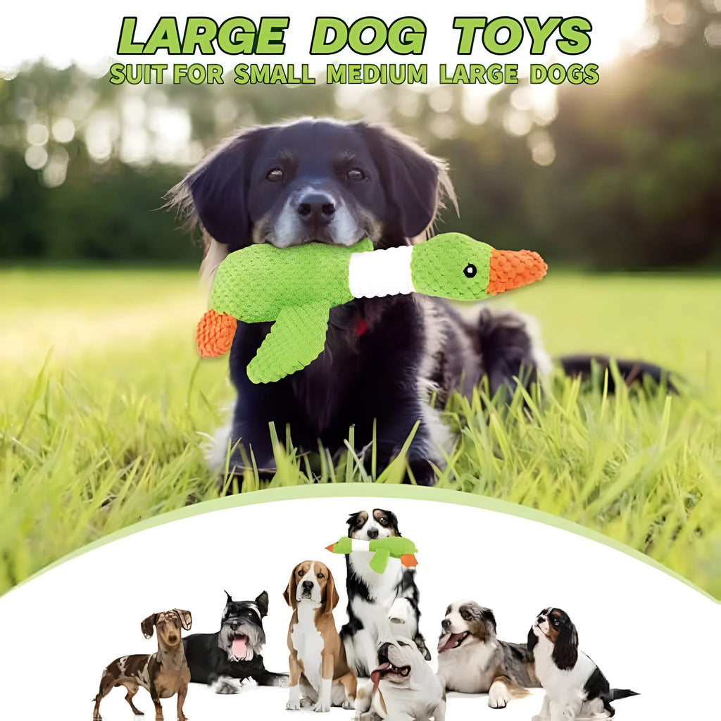 Blue durable duck-shaped plush dog toy with squeaker on a plain background