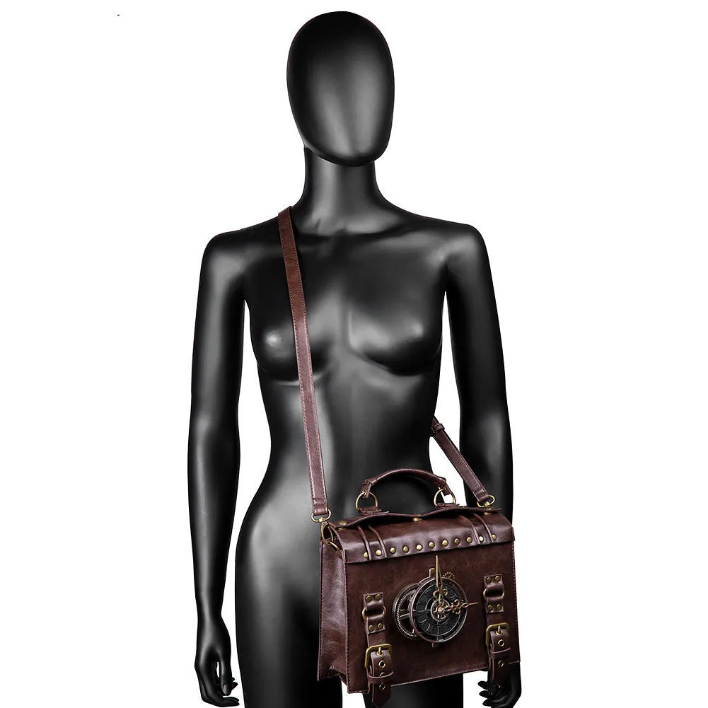 Bronze steampunk industrial retro shoulder bag with metal accents and pillow bag design