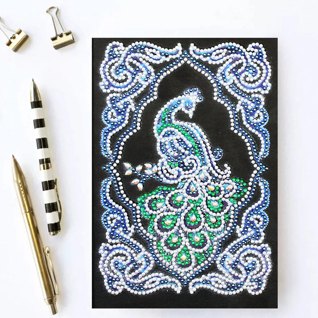 Black A5 diamond painting journal notebook with shaped and bright drill crystals, measuring 142x207mm