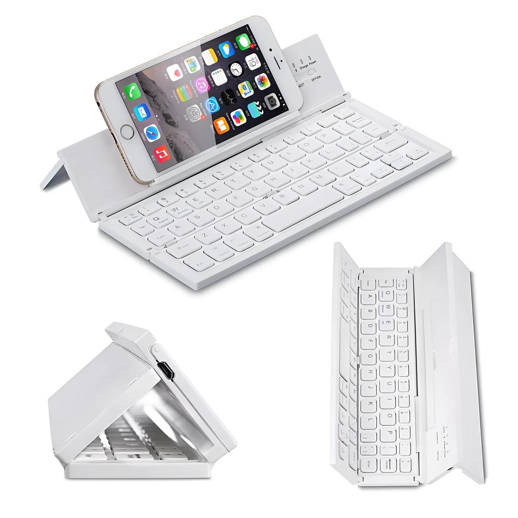 Black mini folding Bluetooth keyboard with bamboo pattern beside 7-inch tablet