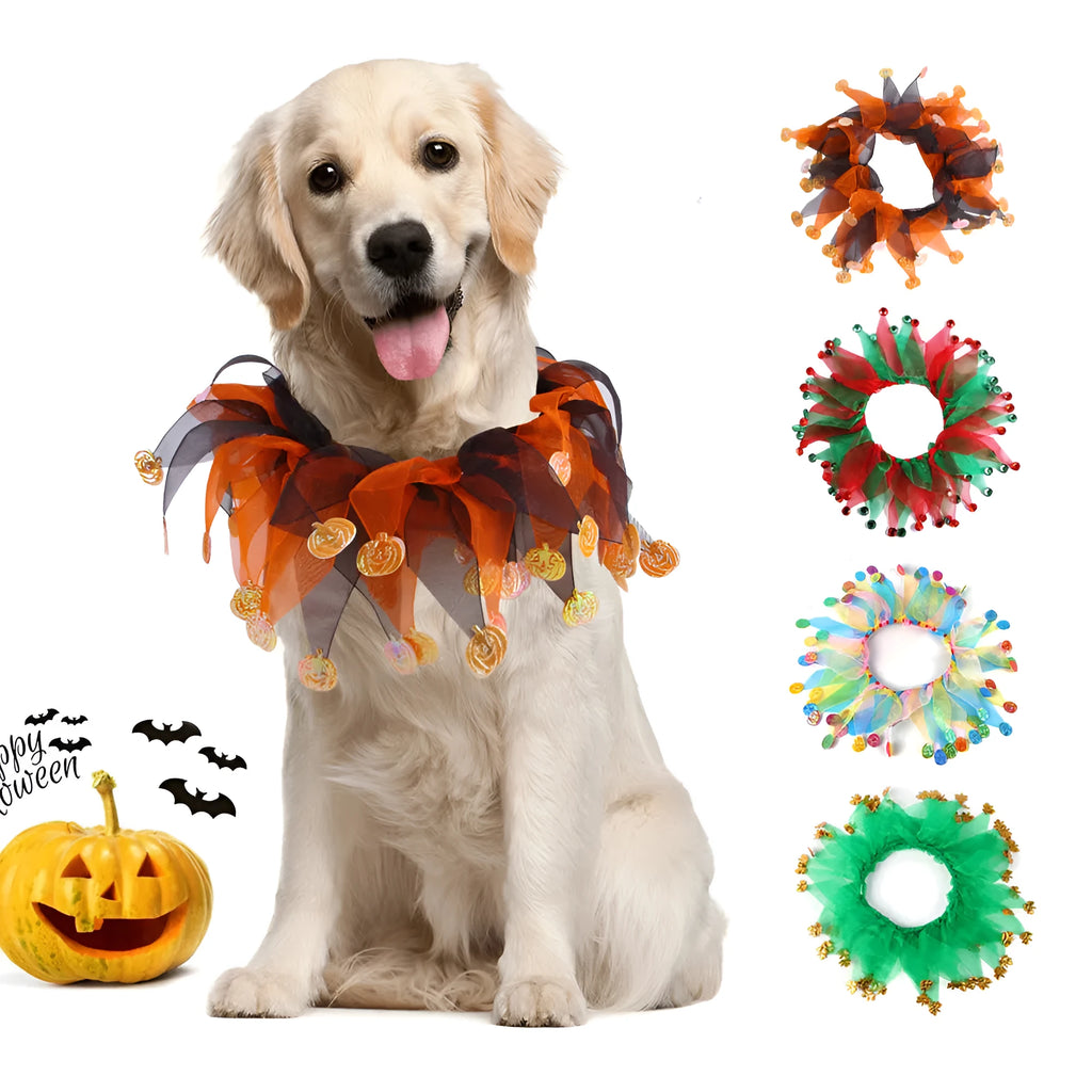 Tie-dye pattern pet collar in Christmas and Halloween colours with adjustable cloth construction