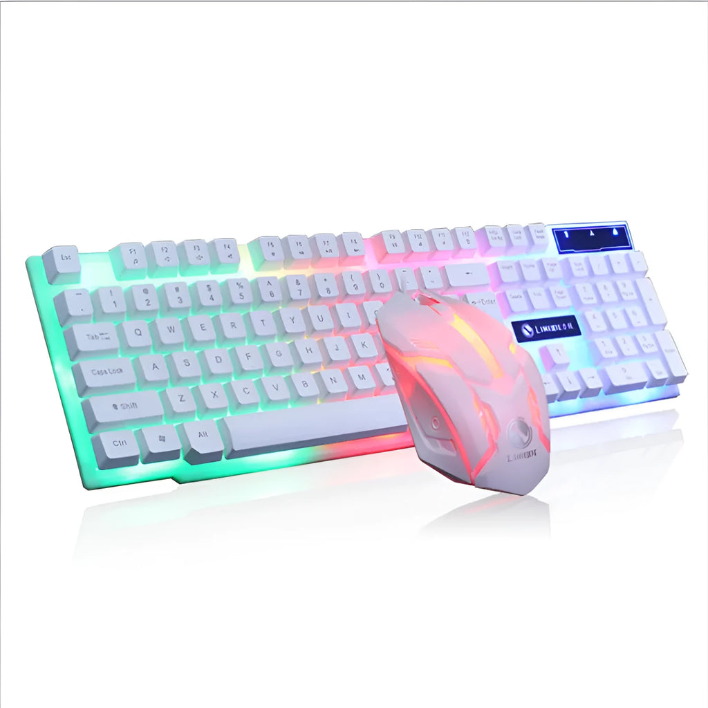 Limei GTX300 white gaming keyboard and mouse set with RGB backlight on desk