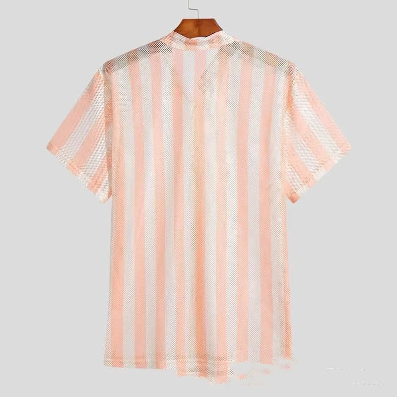 Pink men's loose fit cardigan style summer shirt with waffle knit pattern and short sleeves