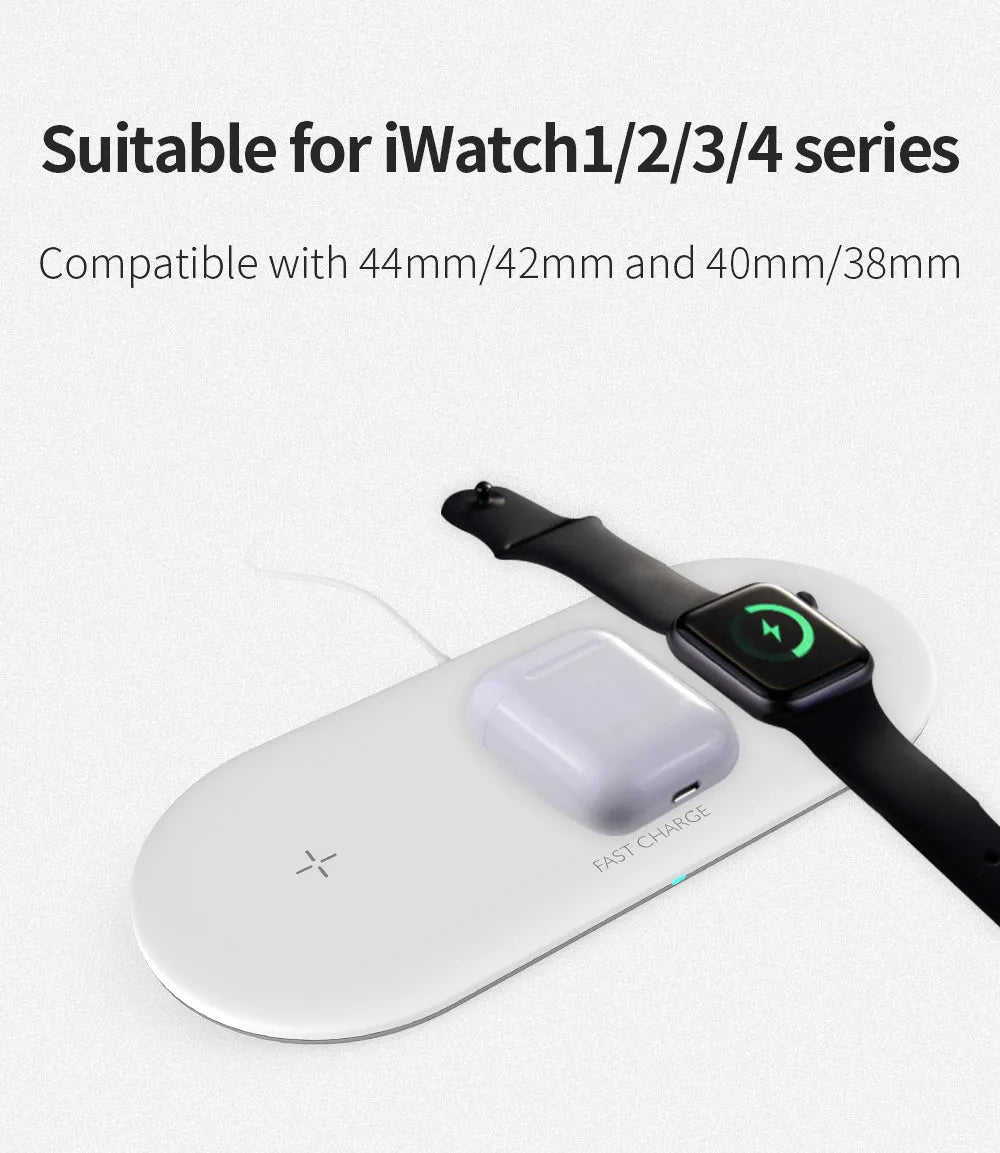 Three-in-one wireless charging station for mobile phone, Apple Watch, and headphones on desktop