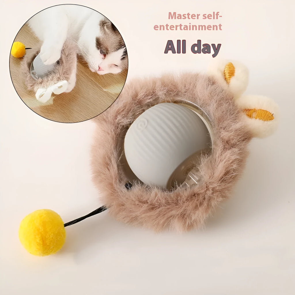 Silicone cat toy ball in plush red, green, or grey colours with optional rope attachment