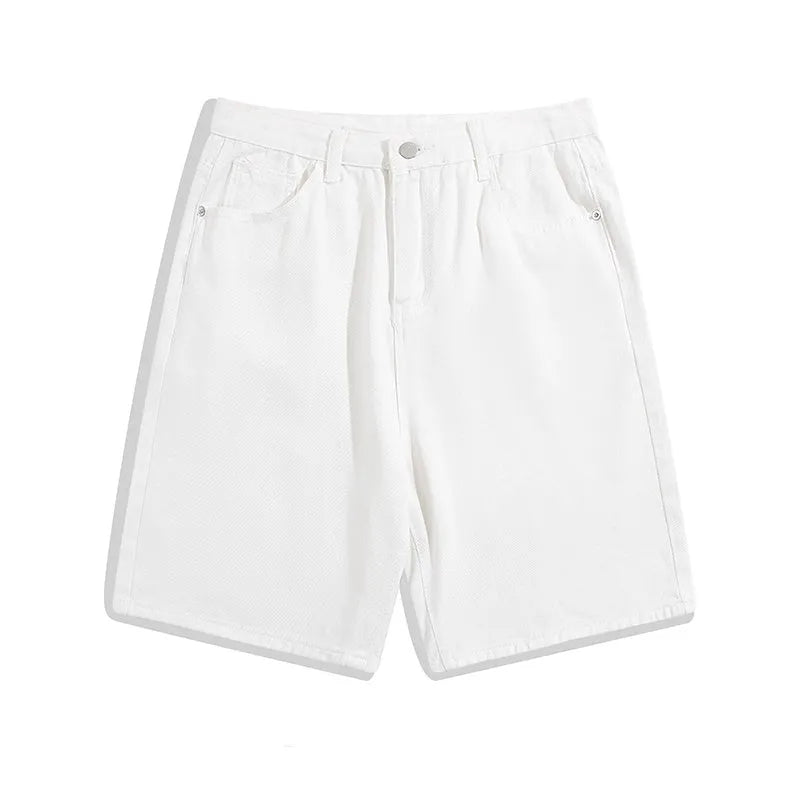 Men's light blue straight-leg denim shorts with five pockets and a zip fly on a mannequin.