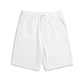 Men's light blue straight-leg denim shorts with five pockets and a zip fly on a mannequin.