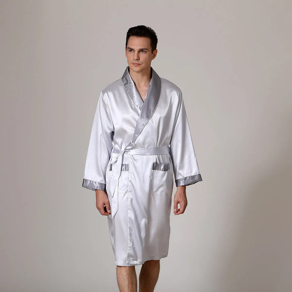 Man wearing a lightweight black and yellow collar rayon polyester bathrobe for summer.