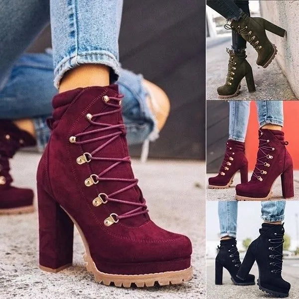 Women's suede high heel boots with 8cm block heel in army green colour with rivet buckle details