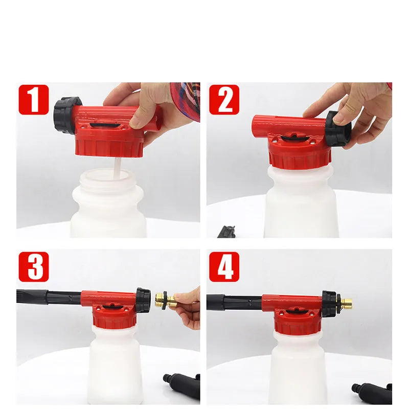 Foam pot high pressure water gun for garden use, showing handheld sprayer design.