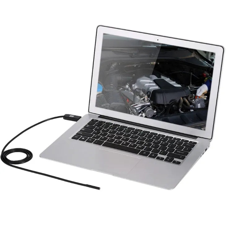 OWSOO USB endoscope with 5m cable, 7mm camera, LED lights, hook, and magnet for phone inspections.