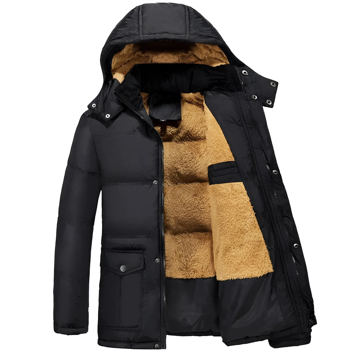 Men's black velvet-lined padded jacket with double-breasted placket and hood in loose fit