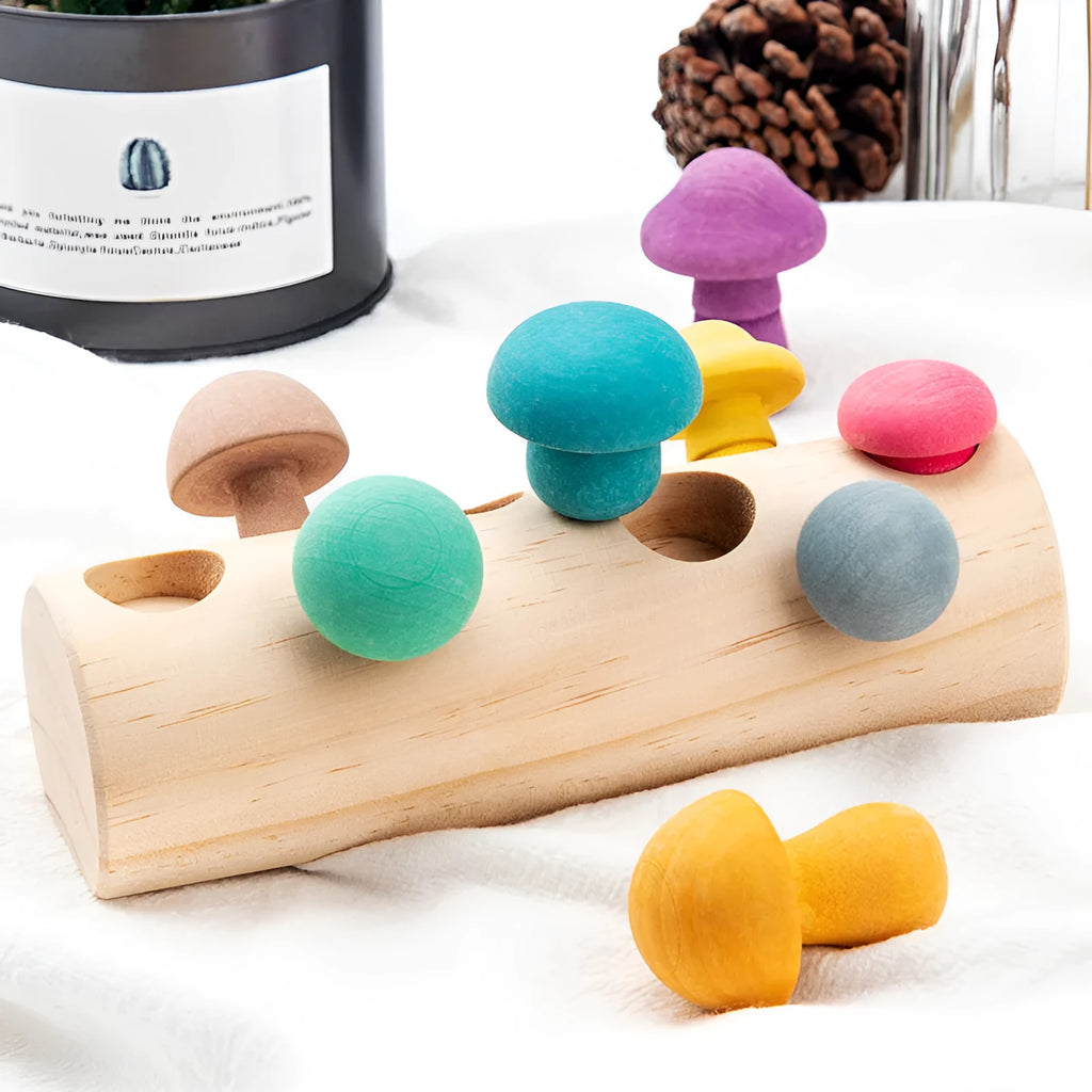 Wooden mushroom picking game puzzle toy in wood colour for toddlers over 12 months, box size 26 x 13 x 6 cm