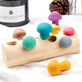 Wooden mushroom picking game puzzle toy in wood colour for toddlers over 12 months, box size 26 x 13 x 6 cm