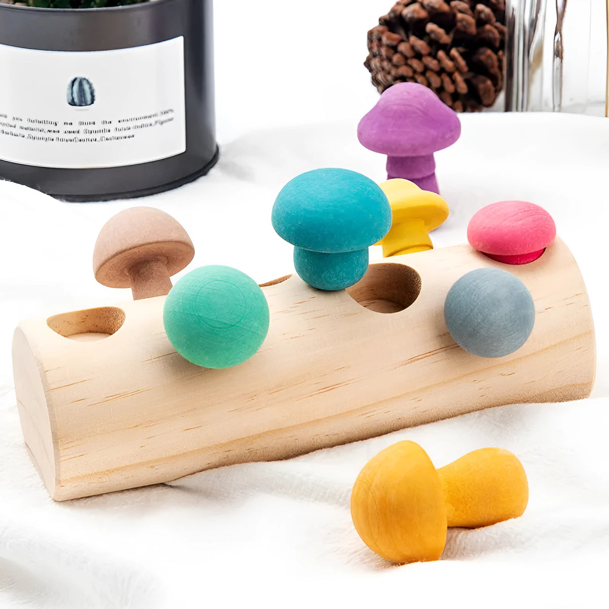 Wooden mushroom picking game puzzle toy in wood colour for toddlers over 12 months, box size 26 x 13 x 6 cm