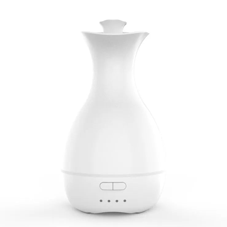 White ultrasonic aromatherapy vase with 200ml capacity, night light, and timer controls for home fragrance diffusion