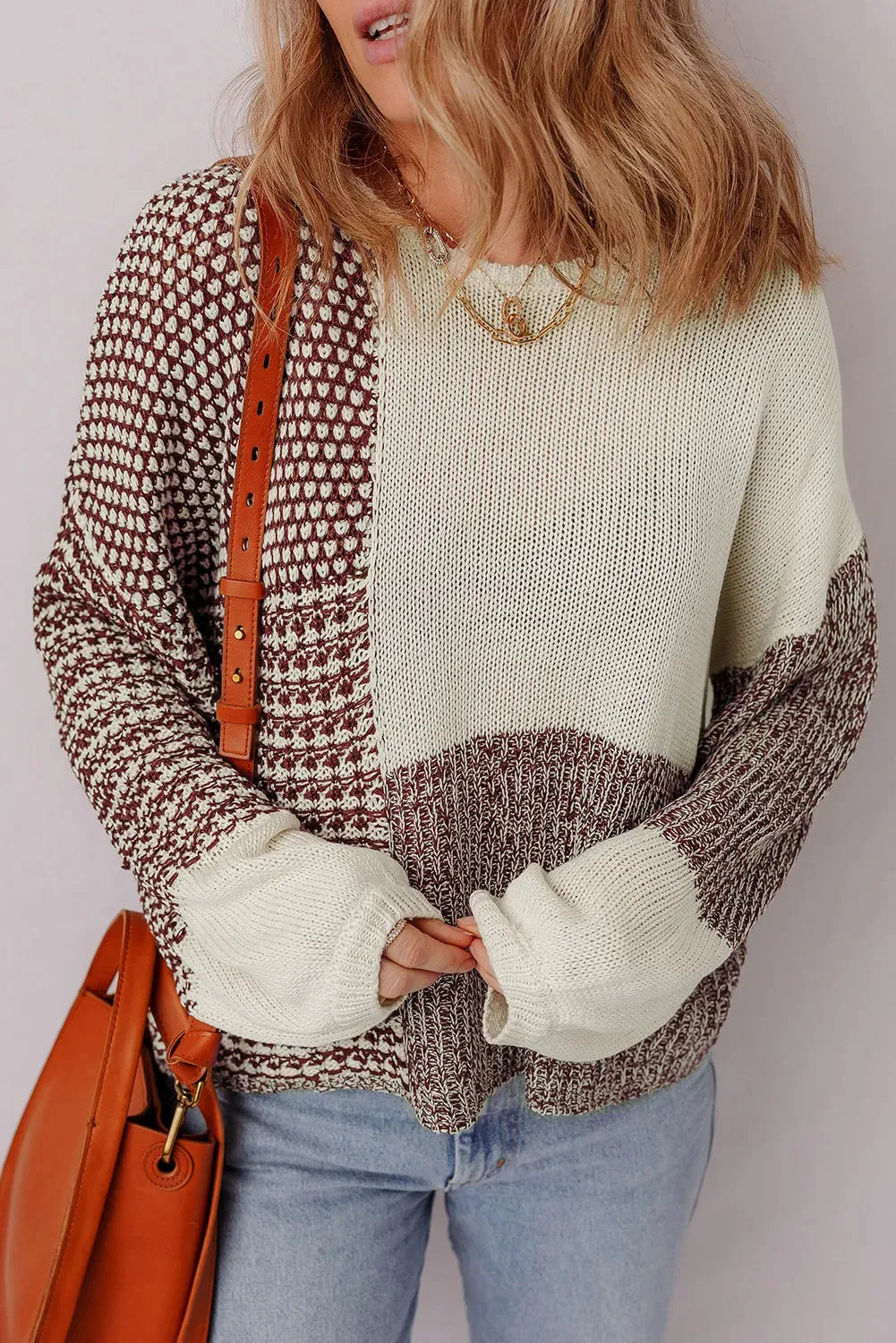 Dark khaki loose sweater with colour block pattern and back tie detail, drop shoulder design