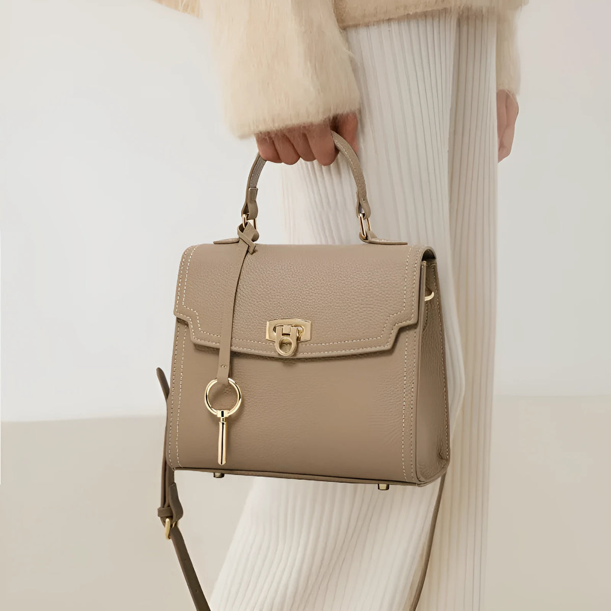 Elephant grey vintage lock handbag with litchi pattern cowhide leather and double shoulder straps