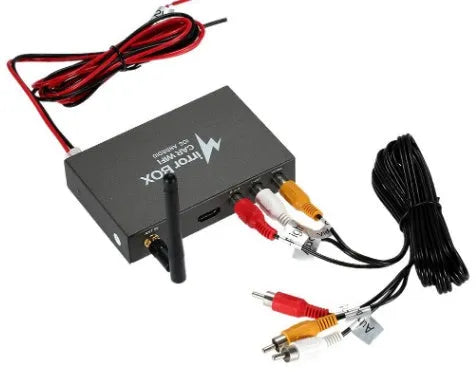 Black car mirror link box Wi-Fi converter with power cable, AV cable, and antenna for smartphone screen mirroring.