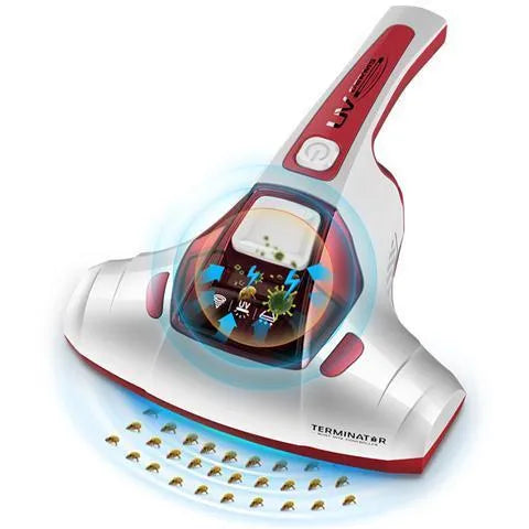 Pink handheld vacuum cleaner with mite-removal function showing compact design and power cord