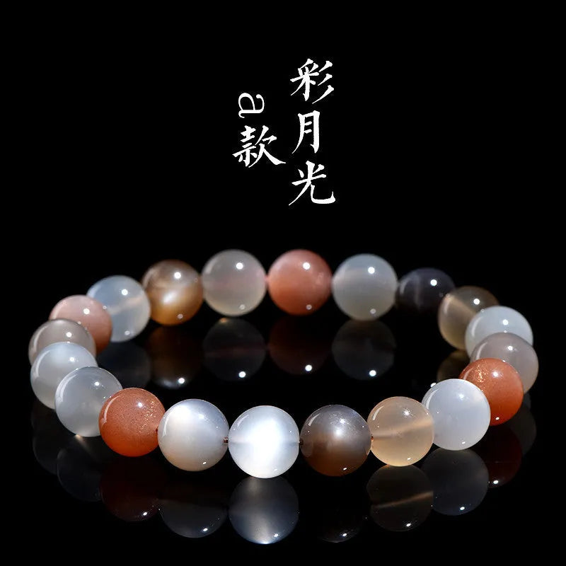 Natural moonstone bracelet with colourful moon light pattern showing 8mm stones in single circle configuration