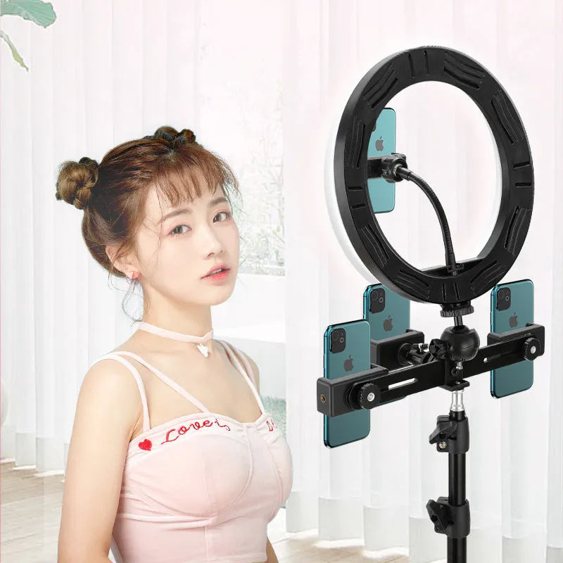 Smartphone ring selfie light with 10-inch fill light on adjustable 19cm metal bracket