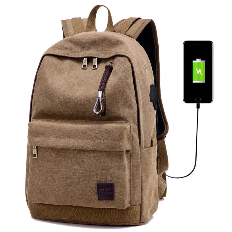 USB rechargeable canvas backpack showing computer pocket and front zipper compartment