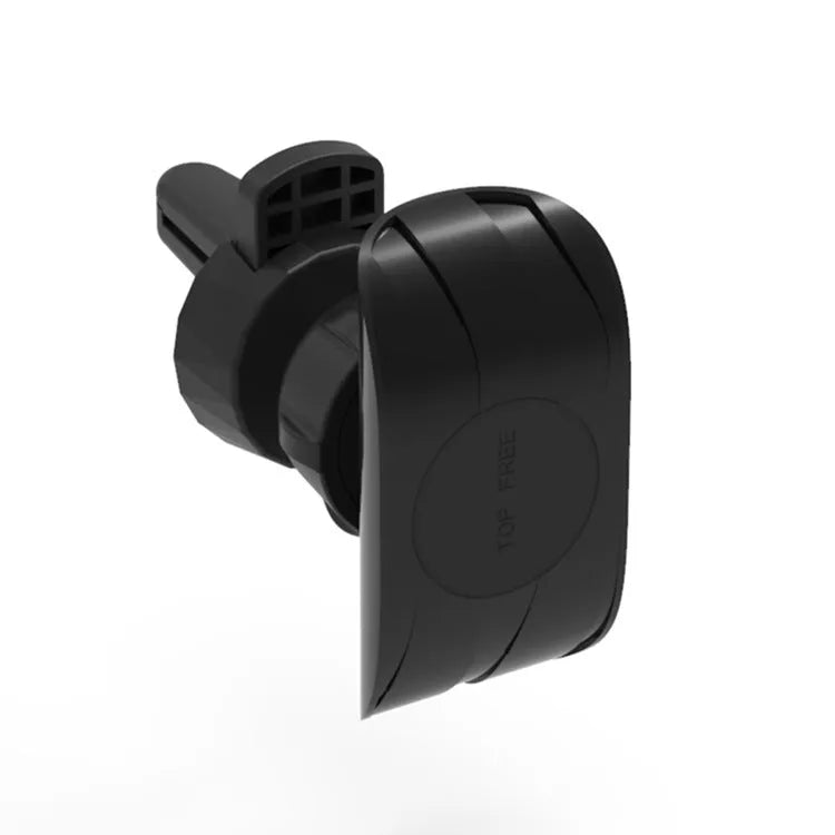 Black car phone holder clipped to car air vent with adjustable arms gripping a smartphone