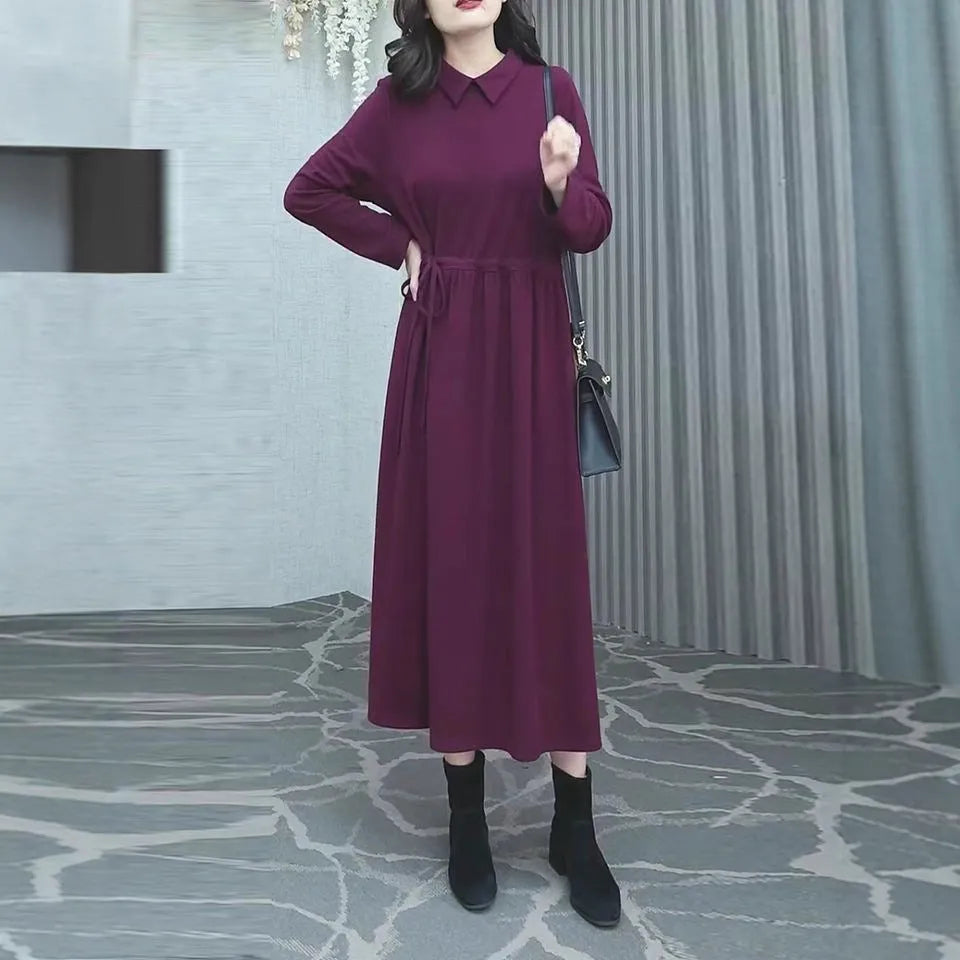 Purplish red women's plus size dress with extra long sleeves and urban style design for autumn winter