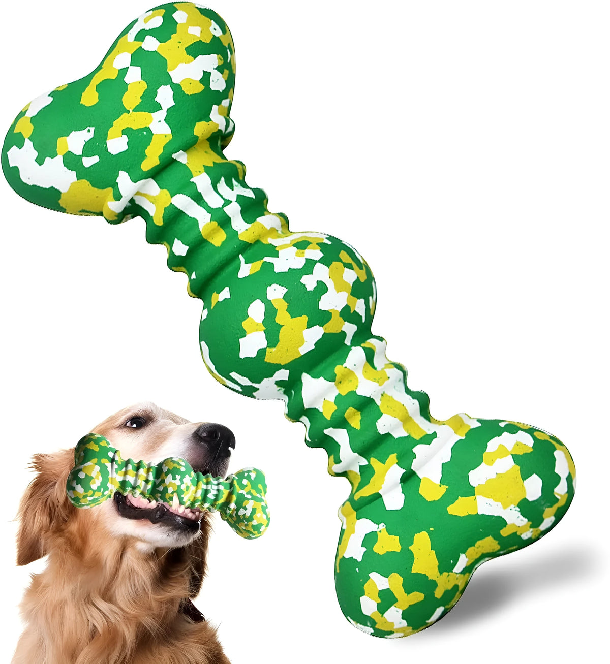 Natural rubber dog chew toy with camouflage pattern for medium to large breed aggressive chewers