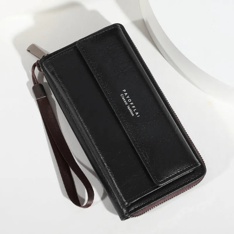 Men's brown PU bifold wallet with multiple card slots showing 19 cm length