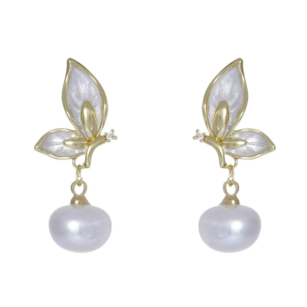 Copper butterfly earrings with zircon painted detail and electroplated finish