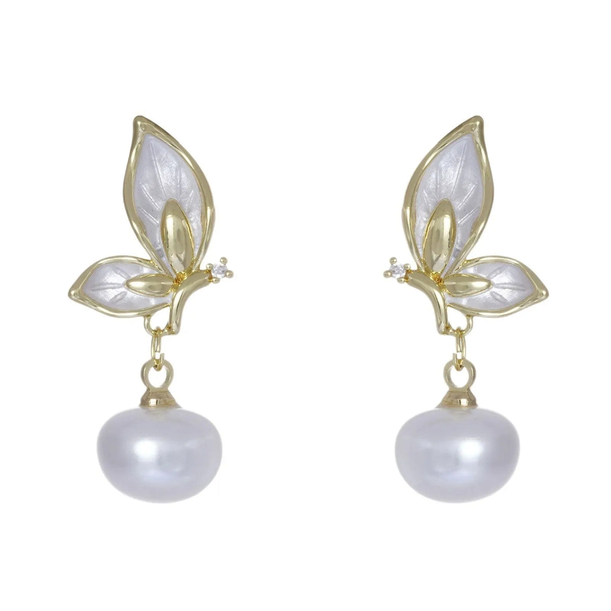 Copper butterfly earrings with zircon painted detail and electroplated finish