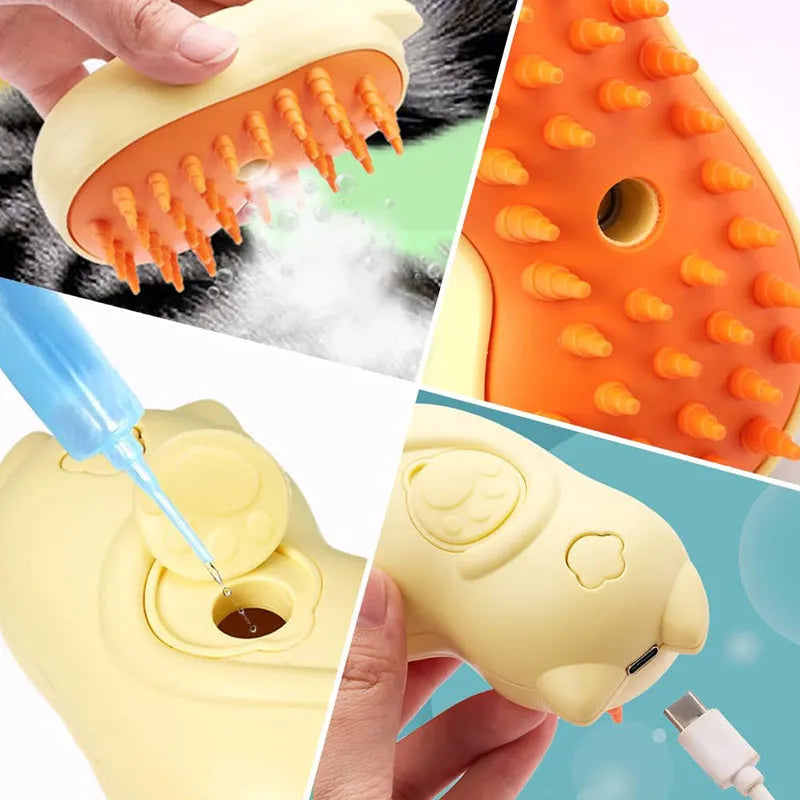 A 3-in-1 steam pet grooming brush for removing tangled hair from cats and dogs.
