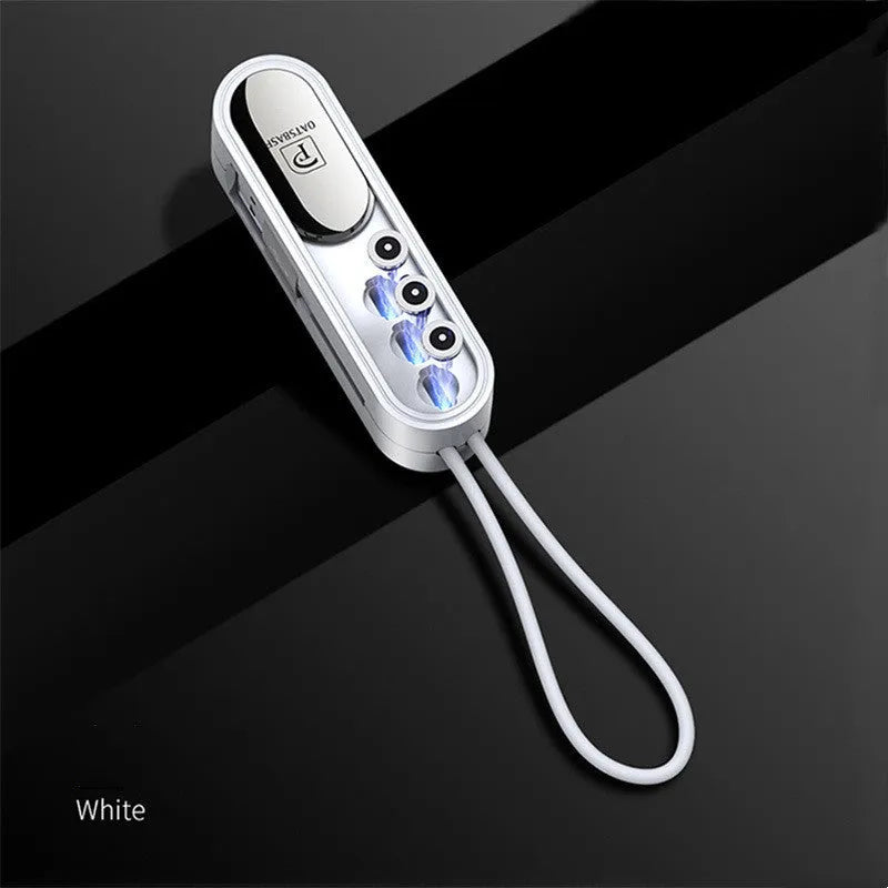 Black magnetic three-in-one USB charging cable with 0.4m length shown alongside white and red colour options