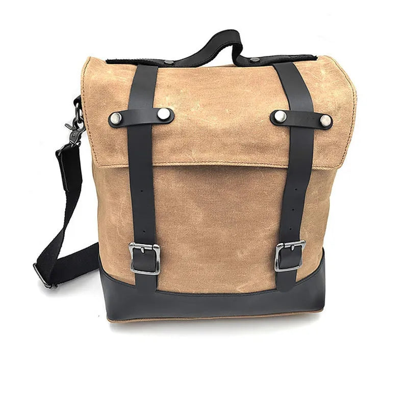 Canvas and cowhide motorcycle side pannier pack with waterproof construction