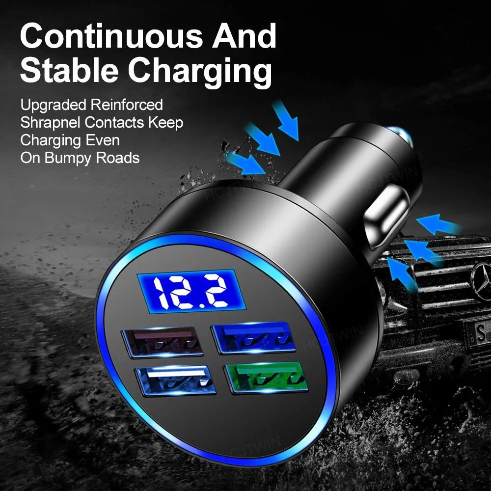 Black multi-port car charger with four USB ports for vehicle cigarette lighter socket