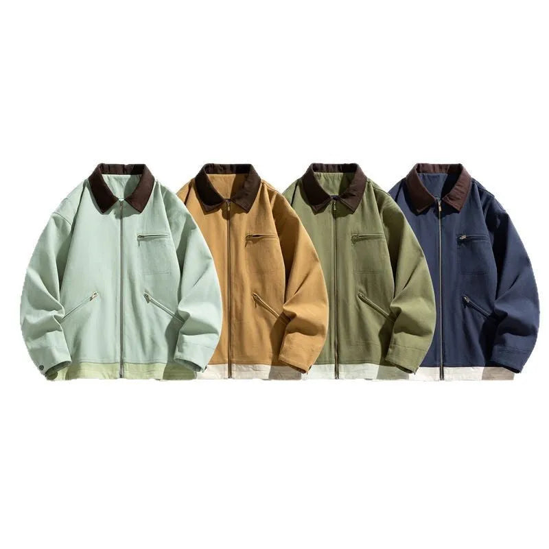 Korean style men's autumn jacket in mint green with contrast lapels and side seam pockets