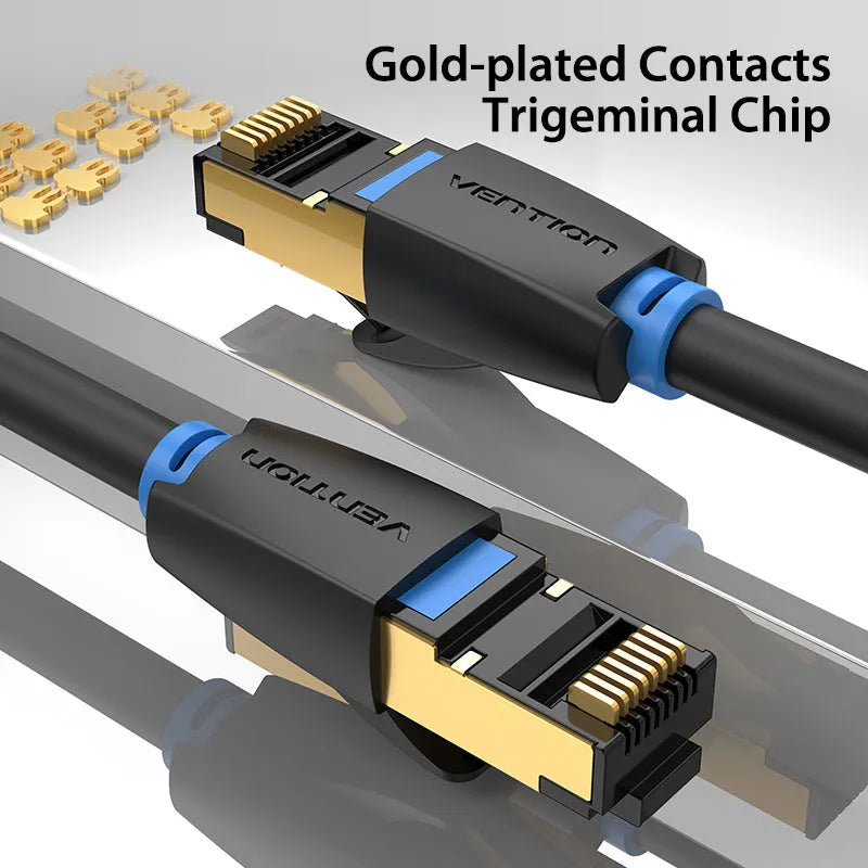 CAT8 Ethernet network cable with RJ45 connectors, shown in flat and round style options