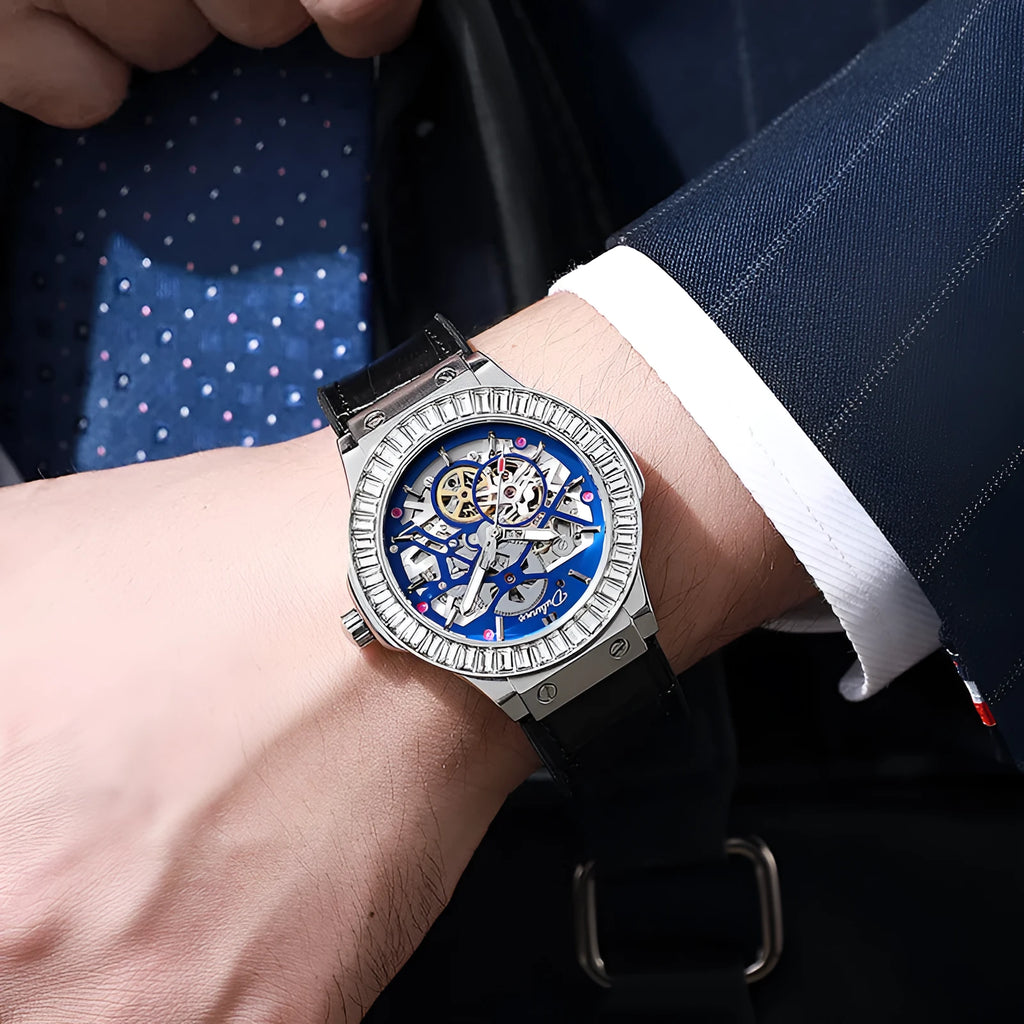 Men's automatic skeleton watch with diamond markers on white shell case