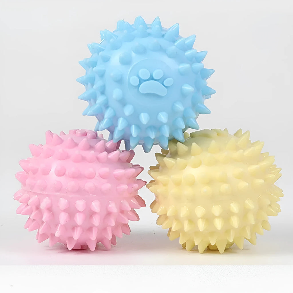 Blue dog chewing toy with textured footprint design measuring 6cm diameter